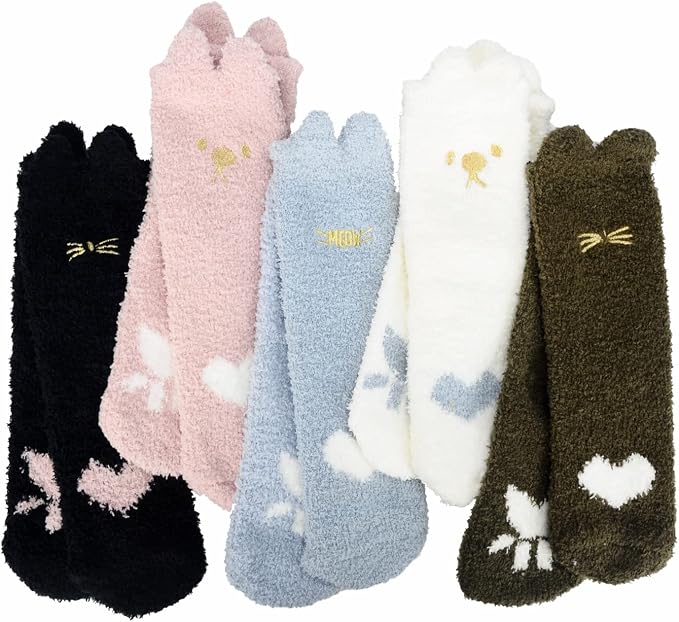 猫爪袜,5 双猫爪袜,适合女孩女士舒适毛绒猫脚袜, 心形爪, small-x